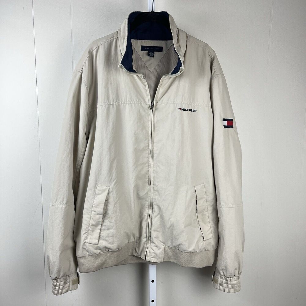 Tommy Hilfiger Windbreaker Jacket Mens XXL Tan Full Zip Embroidered Logo